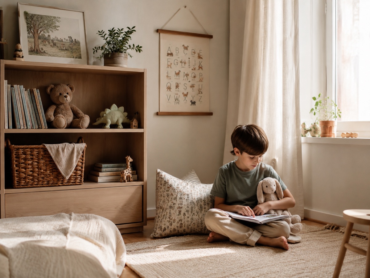 Kind sitzt in einem ruhigen, aufgeräumten Kinderzimmer und liest ein Bilderbuch
